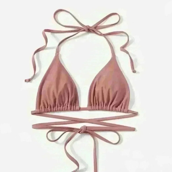 NWT Solid Rose Pink Ruched Double Wrap Triangle Tie Bikini SET - Picture 5 of 11